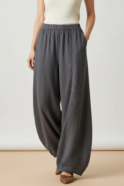 Pantalon Parachute Gris Lin Ample Femme Élastique