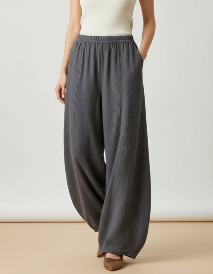Pantalon Parachute Gris Lin Ample Femme Élastique