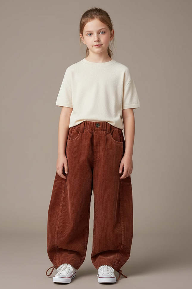 Pantalon Parachute Côtelé Marron Ample Enfant Doux Décontracté - Cordé