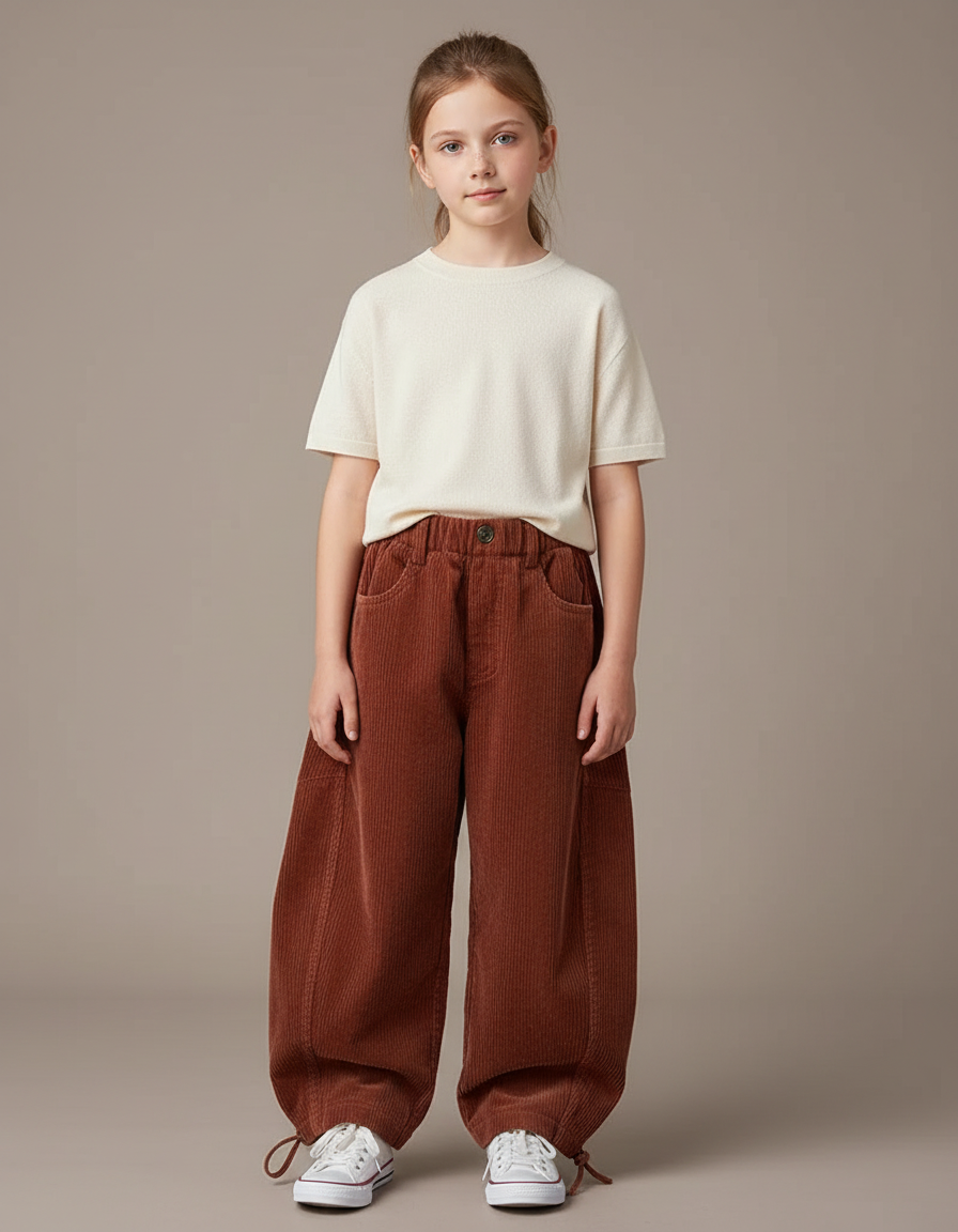 Pantalon Parachute Côtelé Marron Ample Enfant Doux Décontracté - Cordé