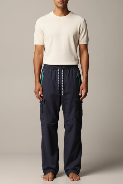 Pantalon Parachute Bleu Marine Cargo Ample Sportif Homme - Polyester