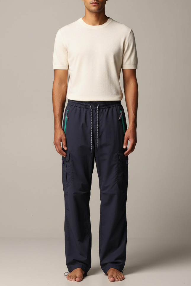 Pantalon Parachute Bleu Marine Cargo Ample Sportif Homme - Polyester