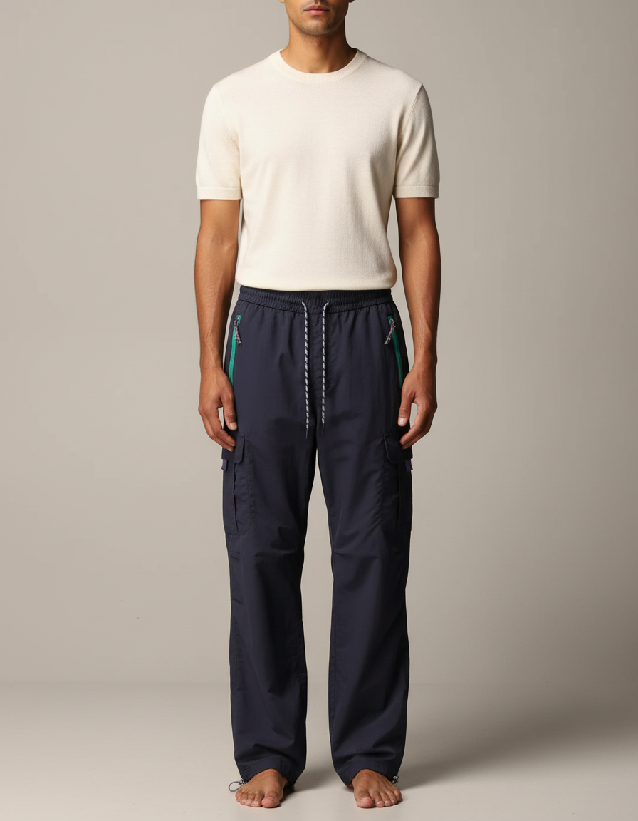Pantalon Parachute Bleu Marine Cargo Ample Sportif Homme - Polyester
