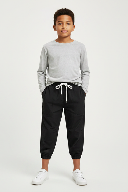 Pantalon Parachute Noir Uni Cordon Décontracté Garçon - Polyester