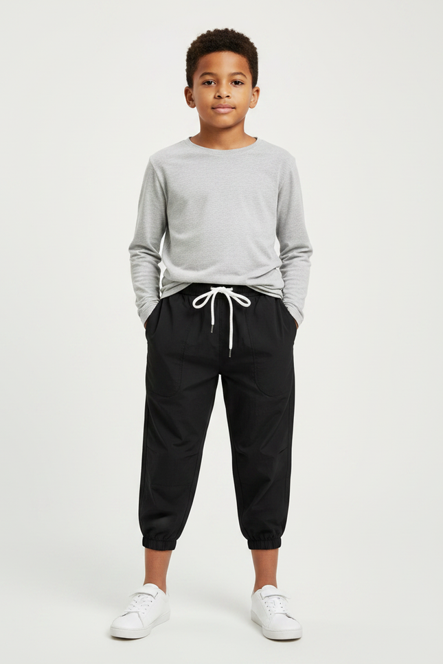 Pantalon Parachute Noir Uni Cordon Décontracté Garçon - Polyester