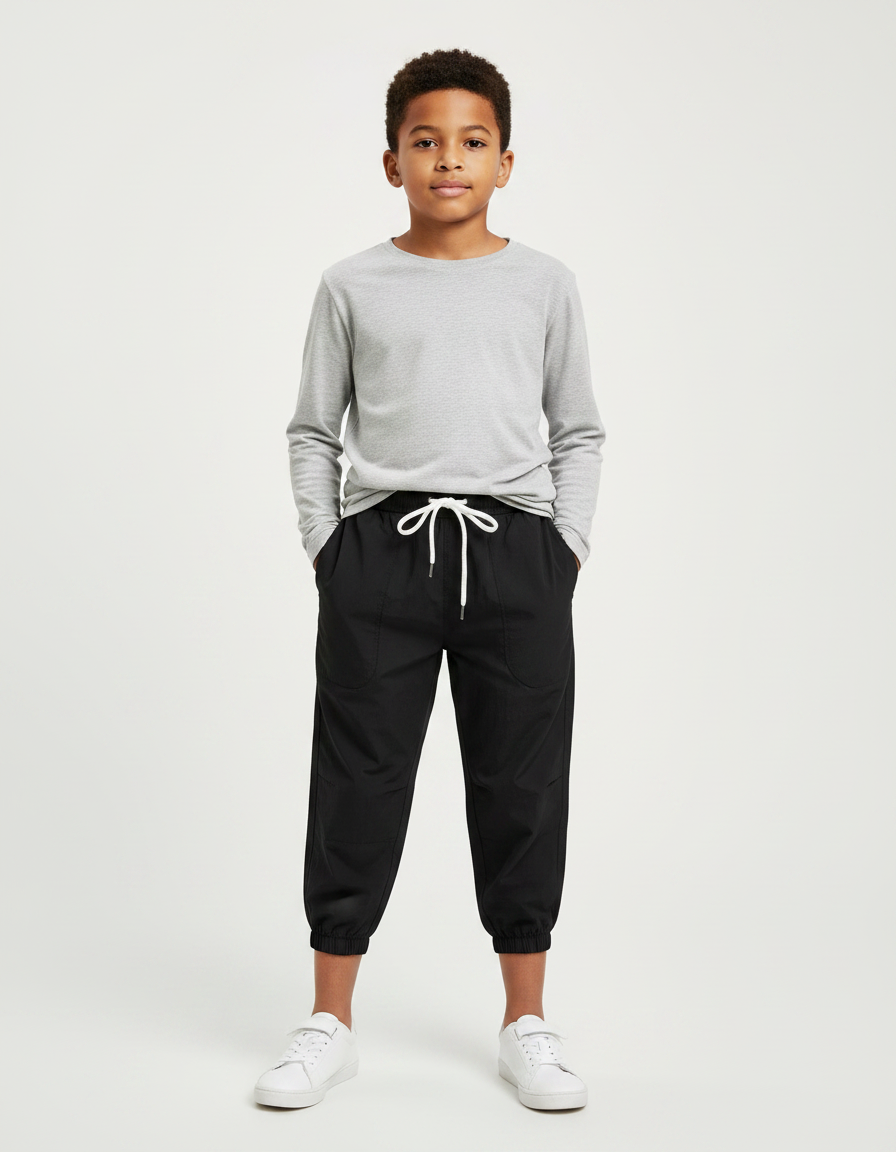Pantalon Parachute Noir Uni Cordon Décontracté Garçon - Polyester