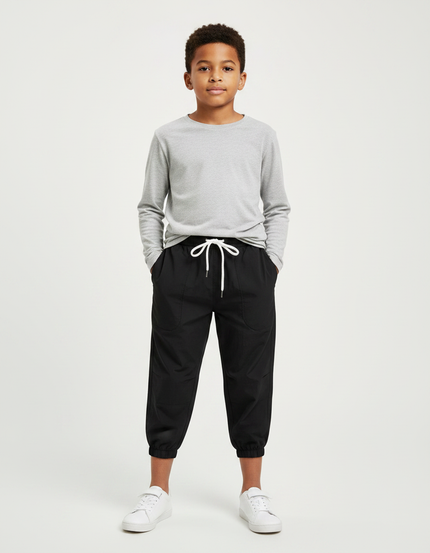 Pantalon Parachute Noir Uni Cordon Décontracté Garçon - Polyester