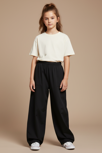 Pantalon Parachute Noir Ample Taille Élastique Enfant - Polyester