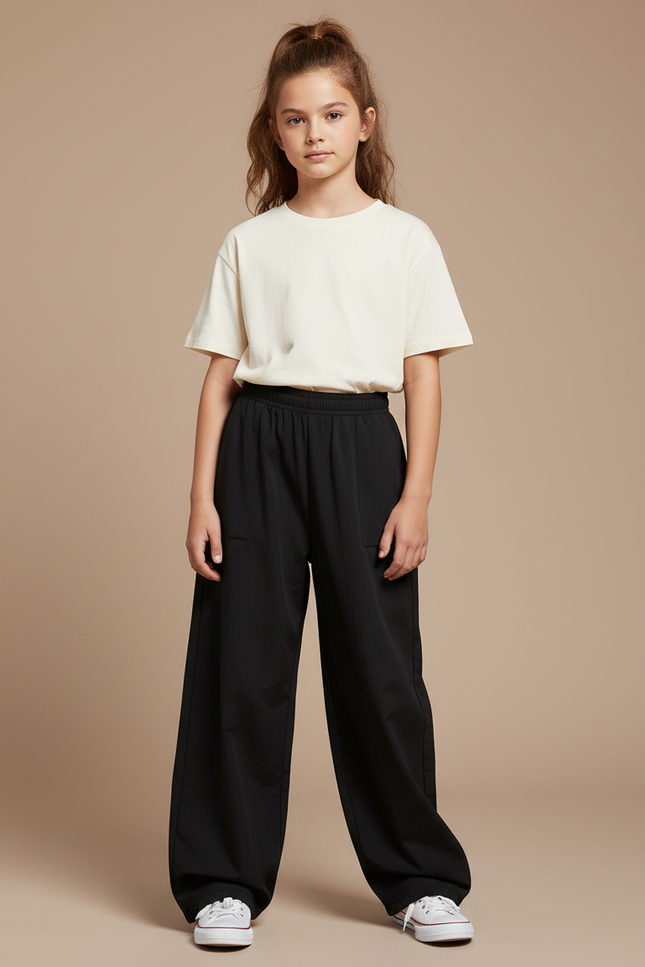Pantalon Parachute Noir Ample Taille Élastique Enfant - Polyester