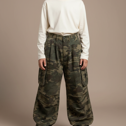 Pantalon Parachute Camouflage Ample Cargo Unisexe Coton - Imprimé
