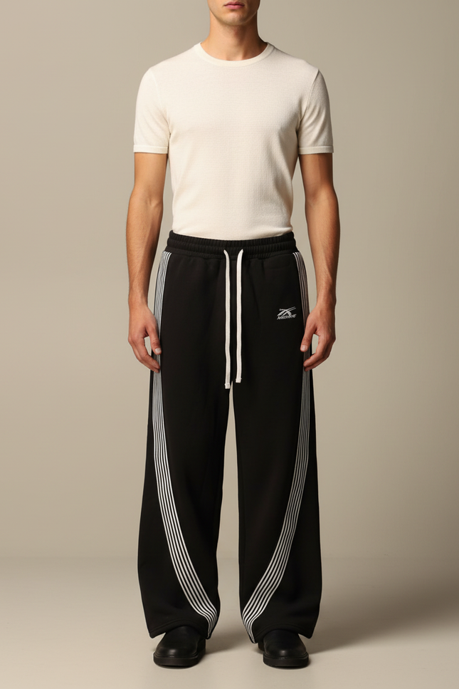 Pantalon Parachute Noir Ample Rayures Blanches Cordon - Molleton