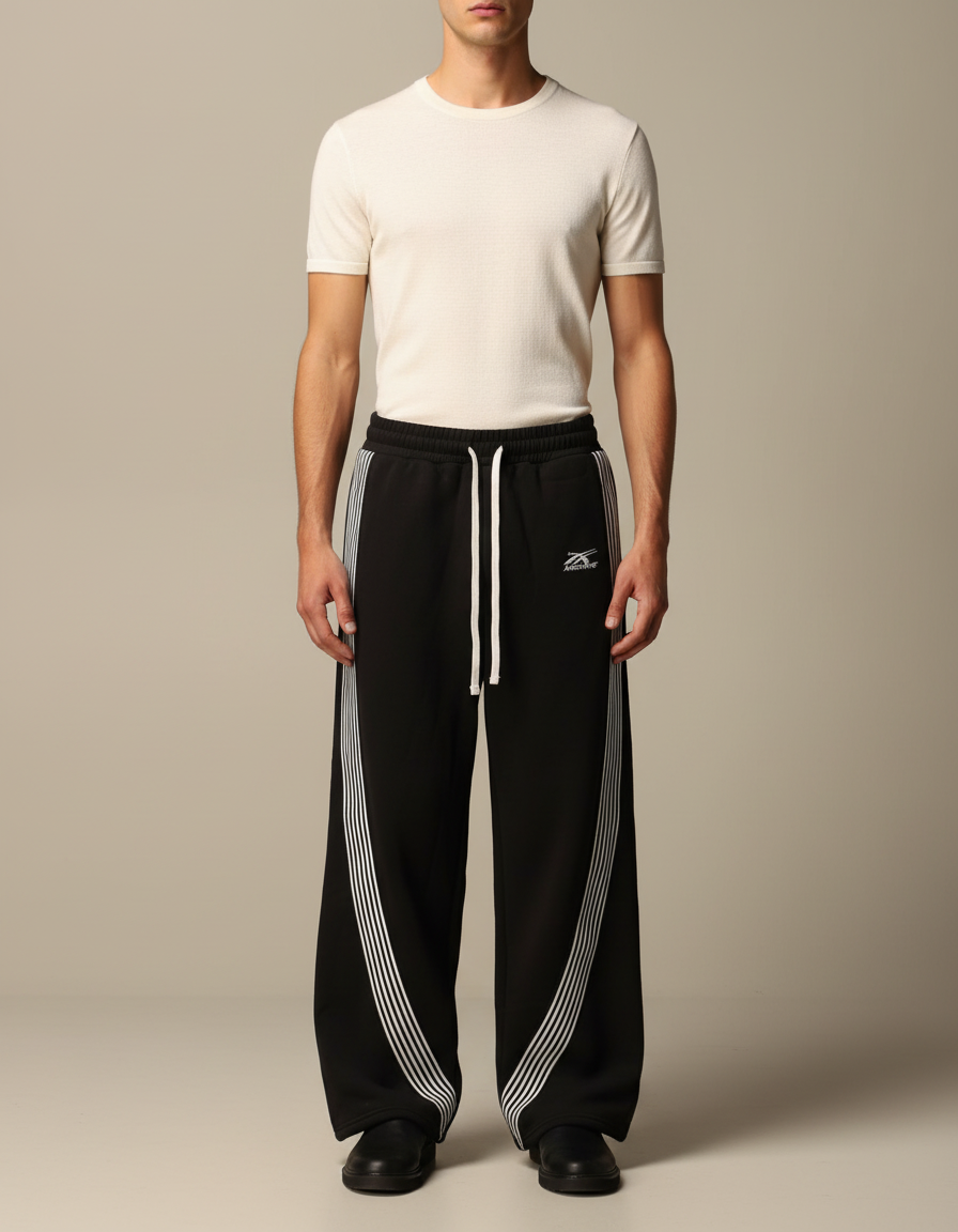 Pantalon Parachute Noir Ample Rayures Blanches Cordon - Molleton