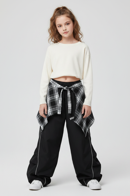 Pantalon Parachute Noir Ample Ligne Blanche Fille - Polyester