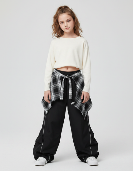 Pantalon Parachute Noir Ample Ligne Blanche Fille - Polyester