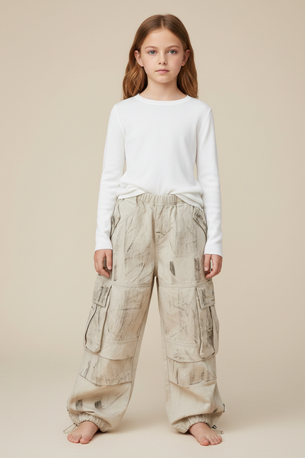 Pantalon Parachute Cargo Ample Beige Décontracté Enfant - Toile