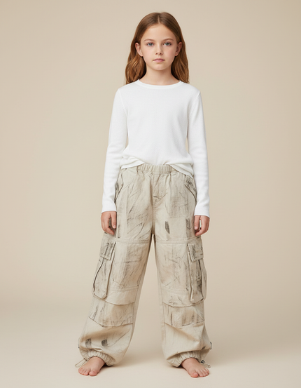 Pantalon Parachute Cargo Ample Beige Décontracté Enfant - Toile
