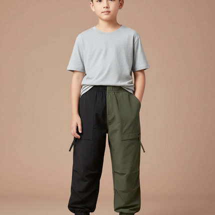 Pantalon Parachute Bicolore Kaki Noir Cargo Enfant - Multicolore Polyester