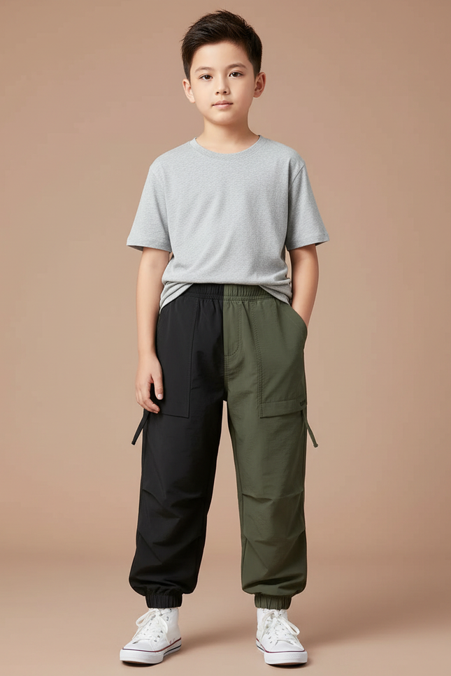 Pantalon Parachute Bicolore Kaki Noir Cargo Enfant - Multicolore Polyester