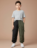 Pantalon Parachute Bicolore Kaki Noir Cargo Enfant - Multicolore Polyester