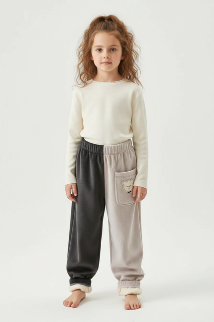 Pantalon Parachute Bicolore Velours Côtelé Ours Doublé Enfant - Multicolore Cordé