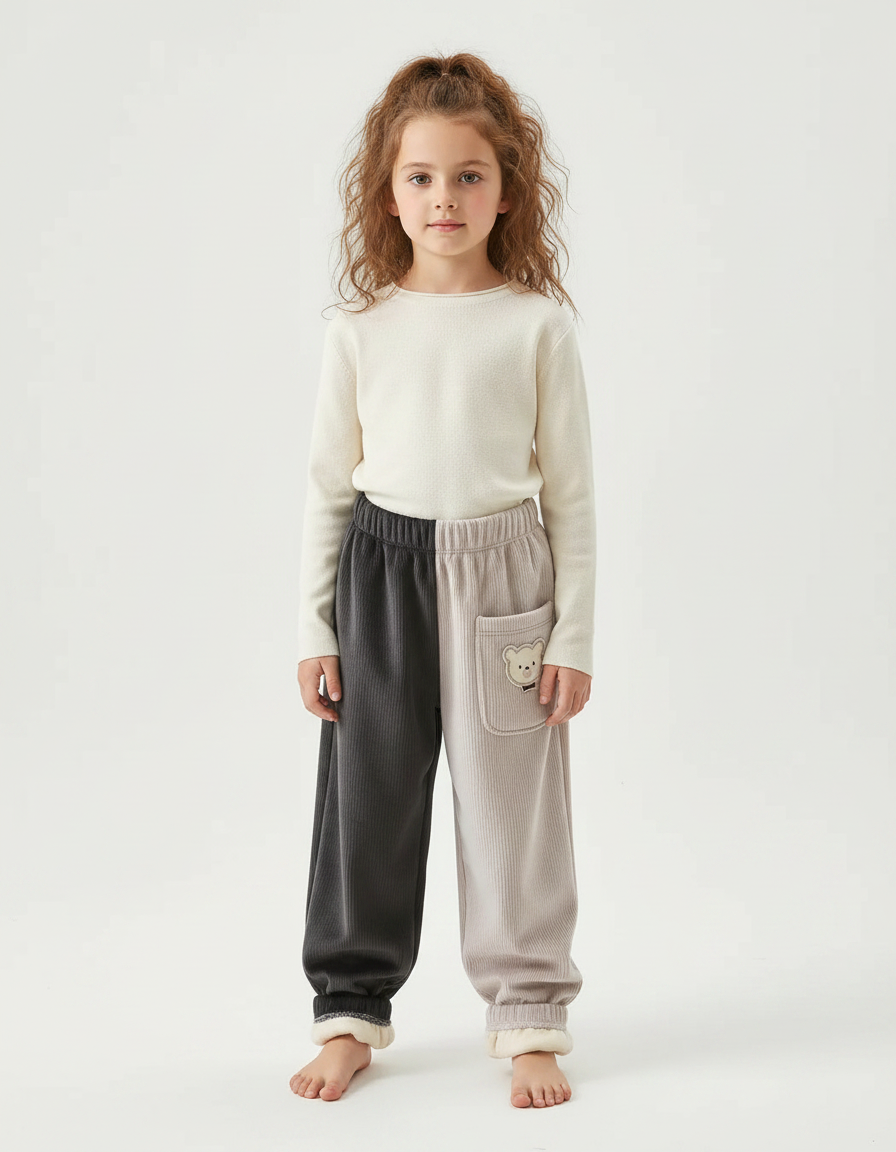 Pantalon Parachute Bicolore Velours Côtelé Ours Doublé Enfant - Multicolore Cordé