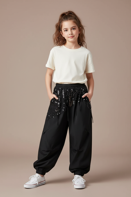 Pantalon Parachute Noir Paillettes Ample Fille - Polyester