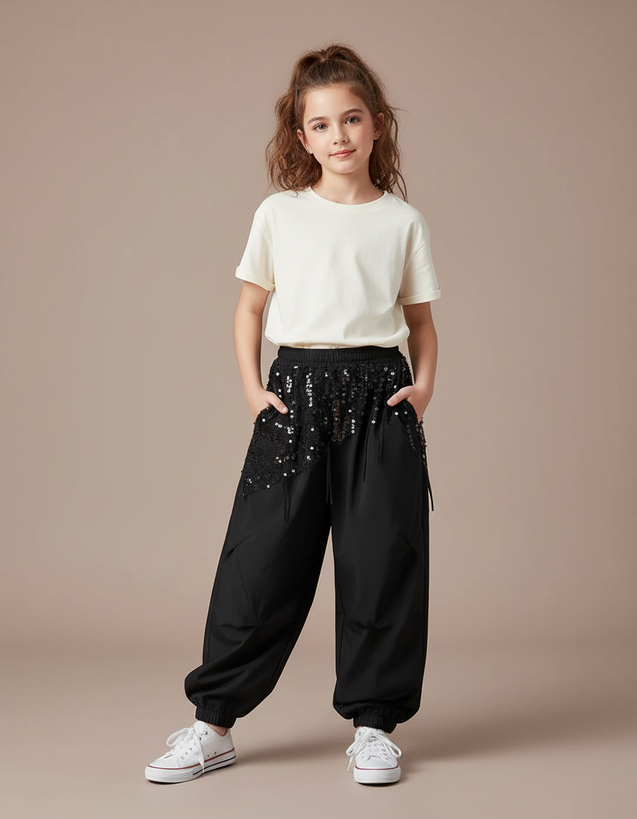 Pantalon Parachute Noir Paillettes Ample Fille - Polyester