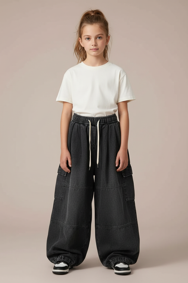 Pantalon Parachute Cargo Denim Noir Ample Enfant - Jean