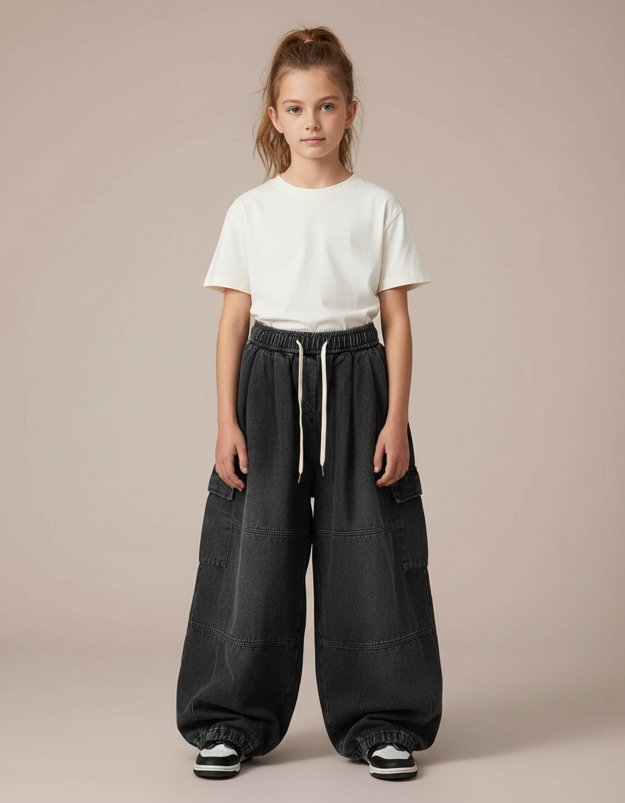 Pantalon Parachute Cargo Denim Noir Ample Enfant - Jean