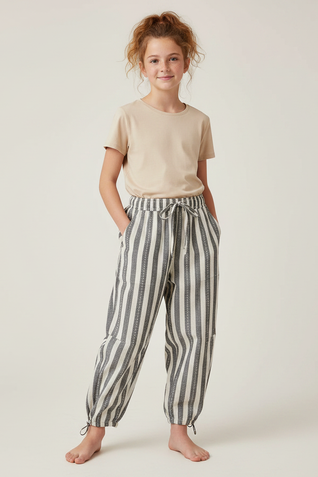 Pantalon Parachute Rayé Ample Cordon Décontracté Lin - Gris
