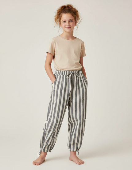 Pantalon Parachute Rayé Ample Cordon Décontracté Lin - Gris