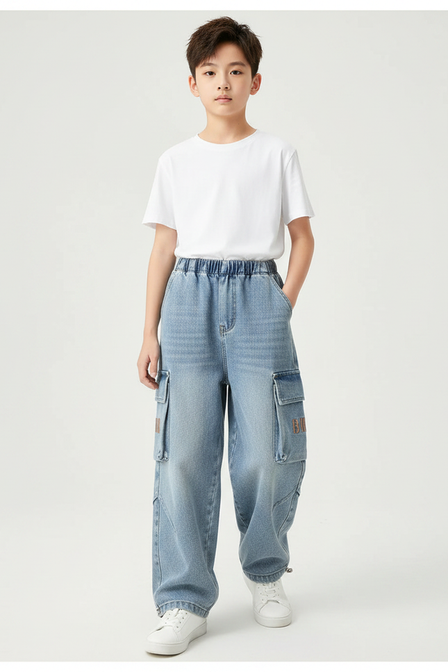Pantalon Parachute Jean Cargo Ample Garçon Décontracté - Bleu