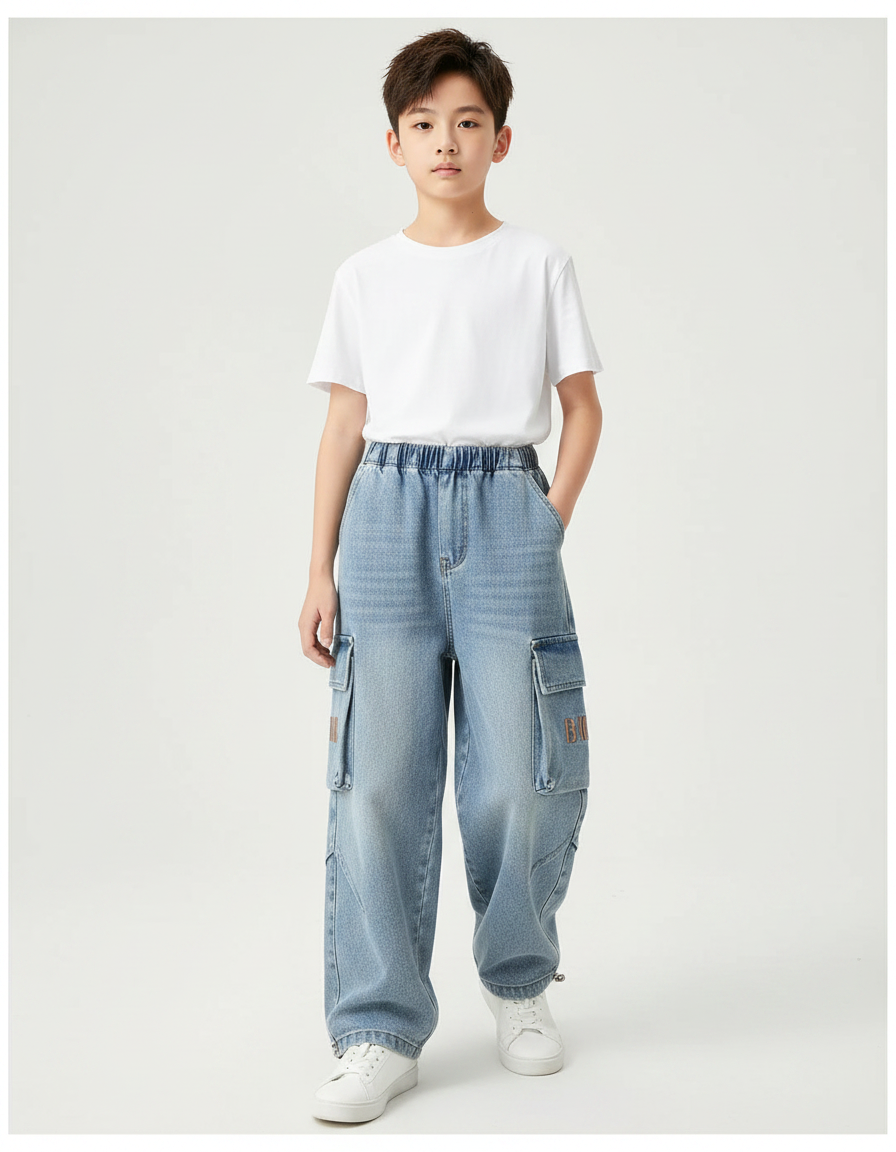 Pantalon Parachute Jean Cargo Ample Garçon Décontracté - Bleu
