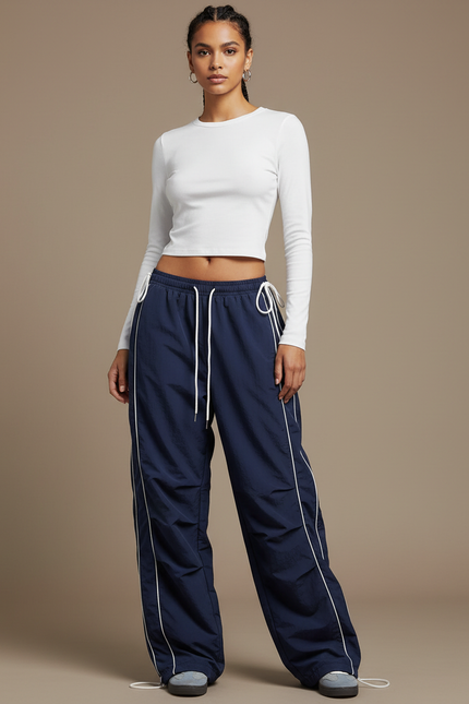 Pantalon Parachute Bleu Marine Ample Décontracté Rayé - Polyester