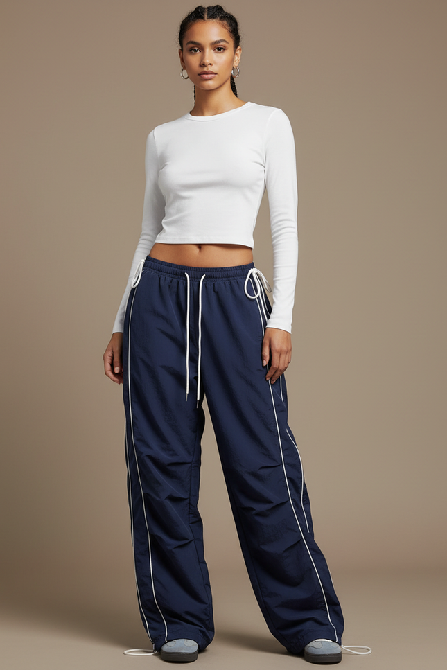 Pantalon Parachute Bleu Marine Ample Décontracté Rayé - Polyester