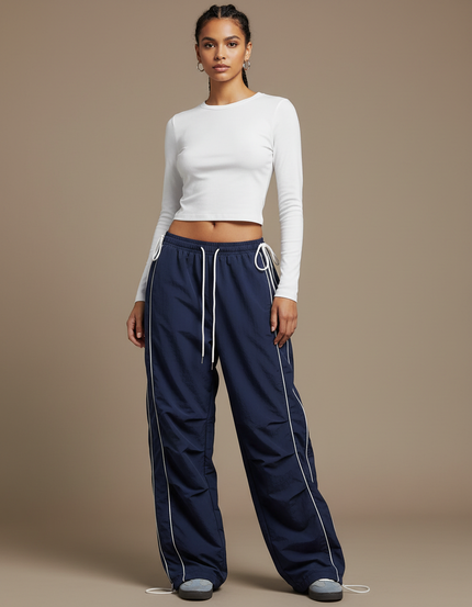 Pantalon Parachute Bleu Marine Ample Décontracté Rayé - Polyester