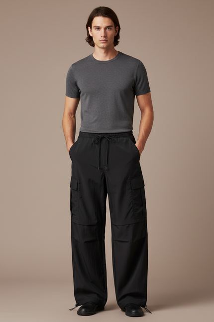Pantalon Parachute Homme Noir Baggy - Polyester