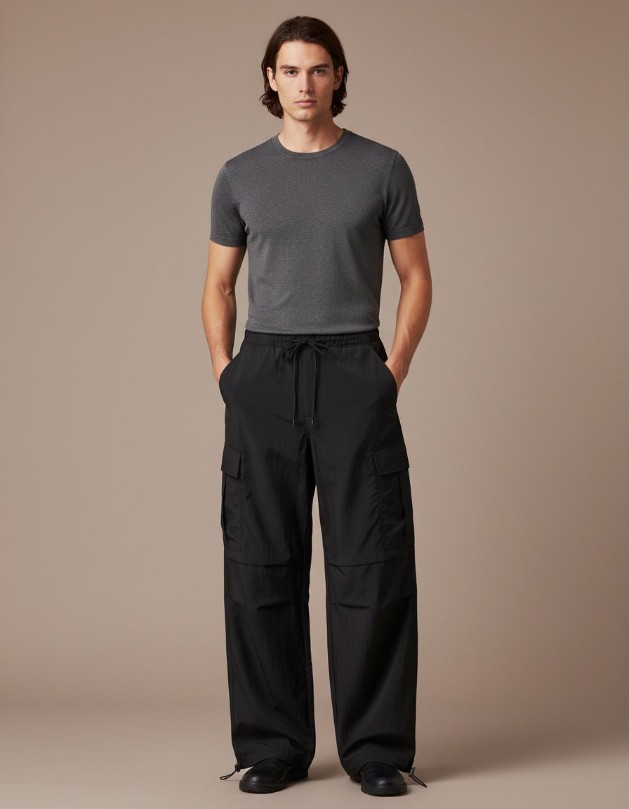 Pantalon Parachute Homme Noir Baggy - Polyester