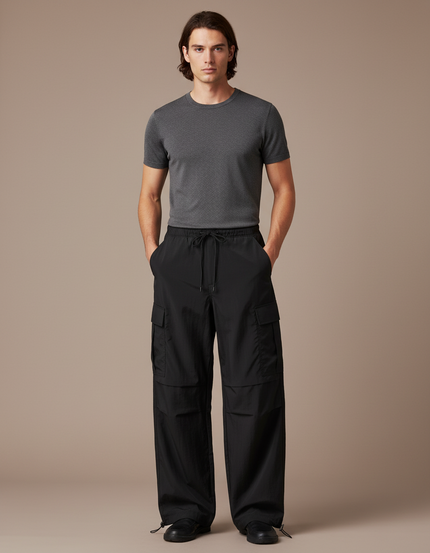 Pantalon Parachute Homme Noir Baggy - Polyester