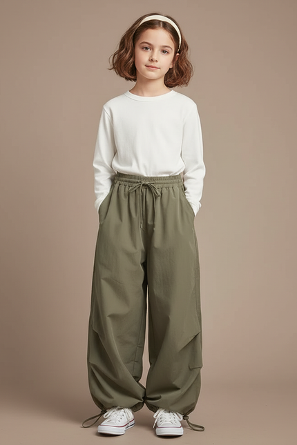 Pantalon Parachute Kaki Ample Nylon Enfant Décontracté - Polyester