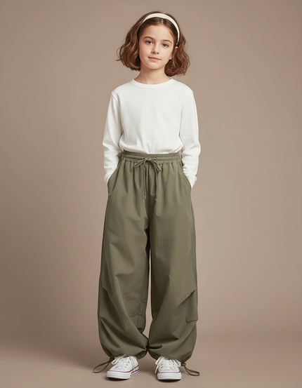 Pantalon Parachute Kaki Ample Nylon Enfant Décontracté - Polyester