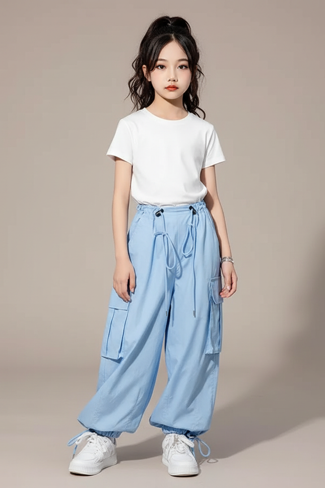 Pantalon Parachute Bleu Ciel Ample Cargo Fille - Polyester