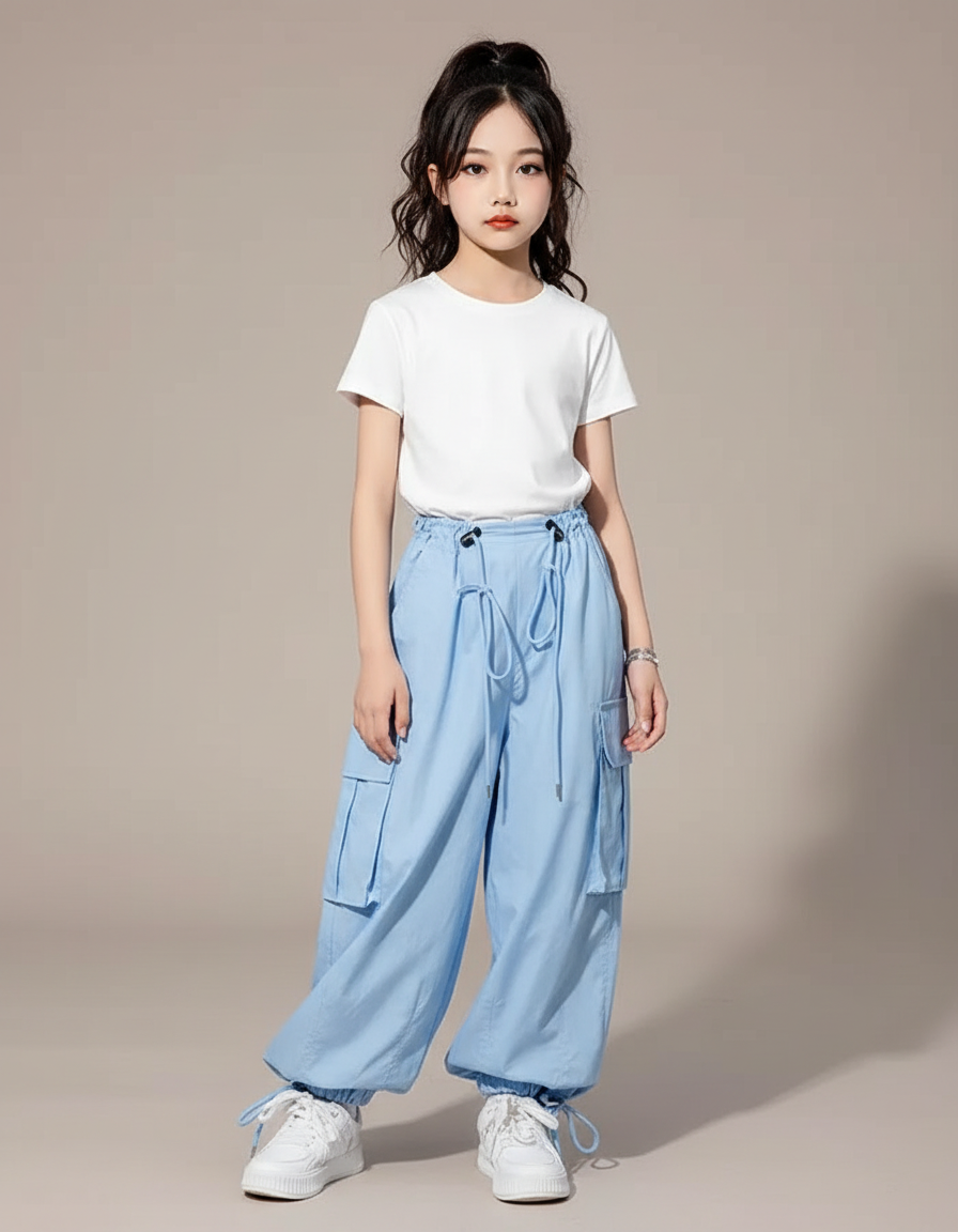 Pantalon Parachute Bleu Ciel Ample Cargo Fille - Polyester