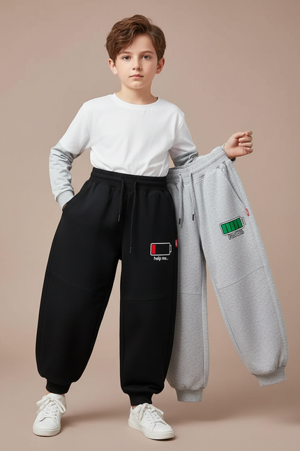 Pantalon Parachute Molleton Bicolore Ample Enfant Batterie - Noir