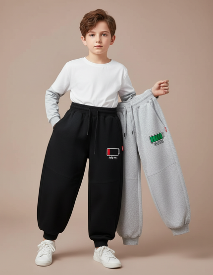 Pantalon Parachute Molleton Bicolore Ample Enfant Batterie - Noir