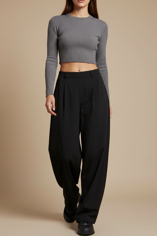 Pantalon Parachute Noir Ample Plissé Décontracté - Polyester
