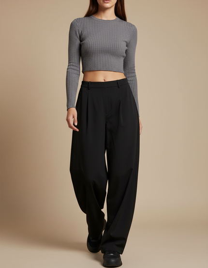 Pantalon Parachute Noir Ample Plissé Décontracté - Polyester