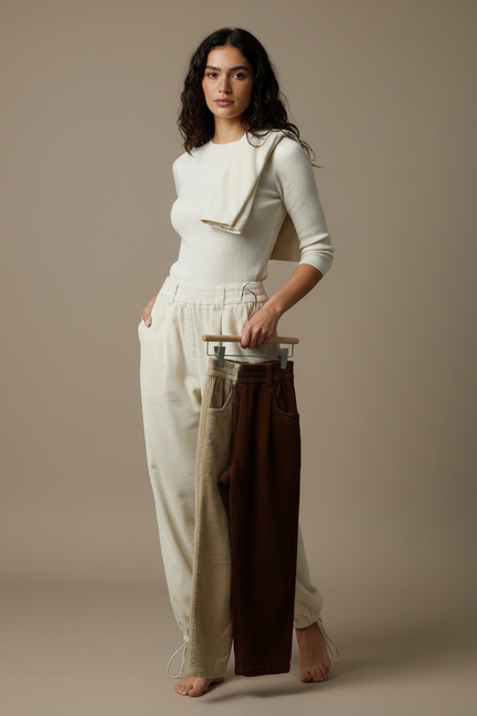Pantalon Parachute Côtelé Beige Marron Ample Chaud - Cordé