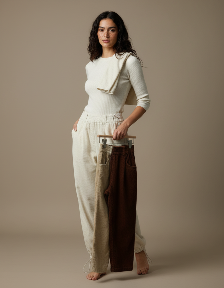 Pantalon Parachute Côtelé Beige Marron Ample Chaud - Cordé