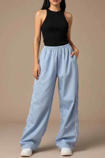 Pantalon Parachute Bleu Ciel Ample Rayures Blanches Fluide - Polyester
